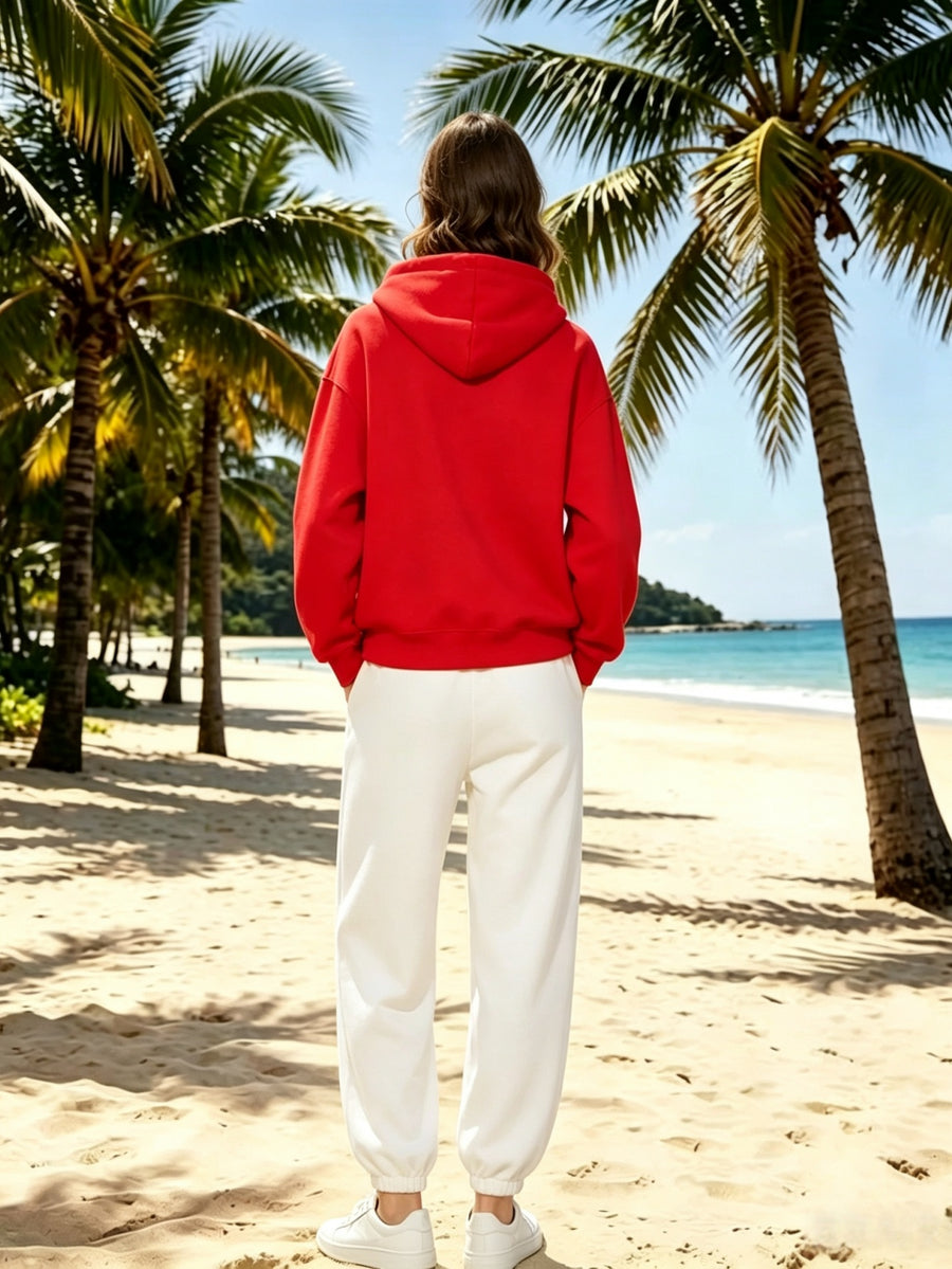 Lazy Style Loose Sweatshirt and Sweatpants Set, Long Sleeve Hooded Top and Jogger Pants, Daily Running Sportswear - Red Sweatshirt + White Sweatpants