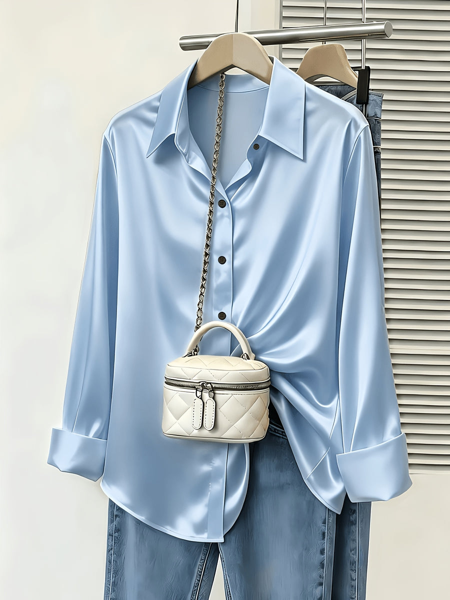 Women's Spring/Autumn Elegant and Versatile Satin Commuter Shirt - Light Blue