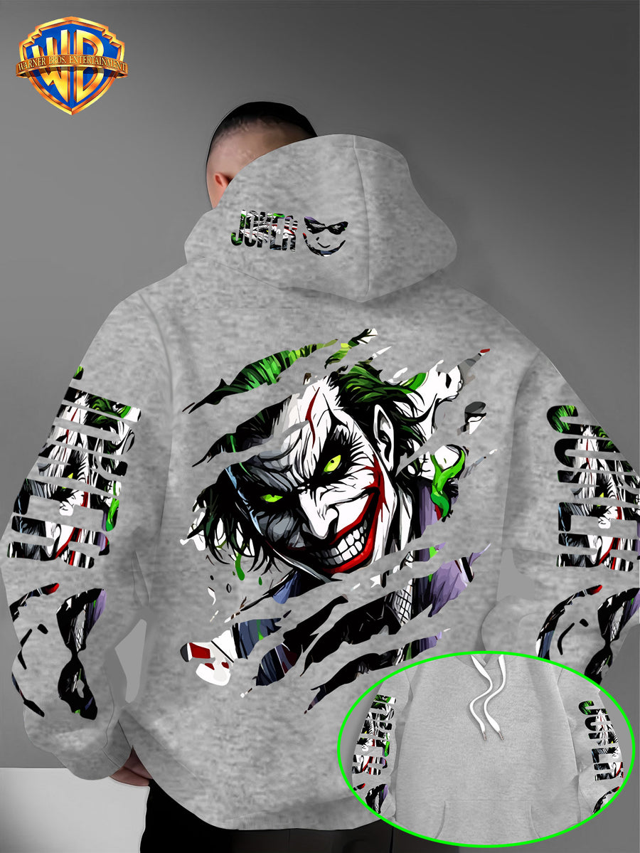 WB Men's Joker Print Hooded - Warner Bros. Official & Iconic Joker Design, Loose Fit Hoodie with Hooded Pullover, Machine Washable Streetwear for Fall/Winter Casual Wear Suitable for Autumn and Winter Warmth - Light Grey