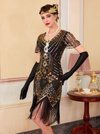 1920S Vintage Sequin Dress Gatsby Party Tassel Dress Evening Banquet Dance Dress Sequined Dress (Single Dress, Gloves And Additions Not Included) - Black Golden