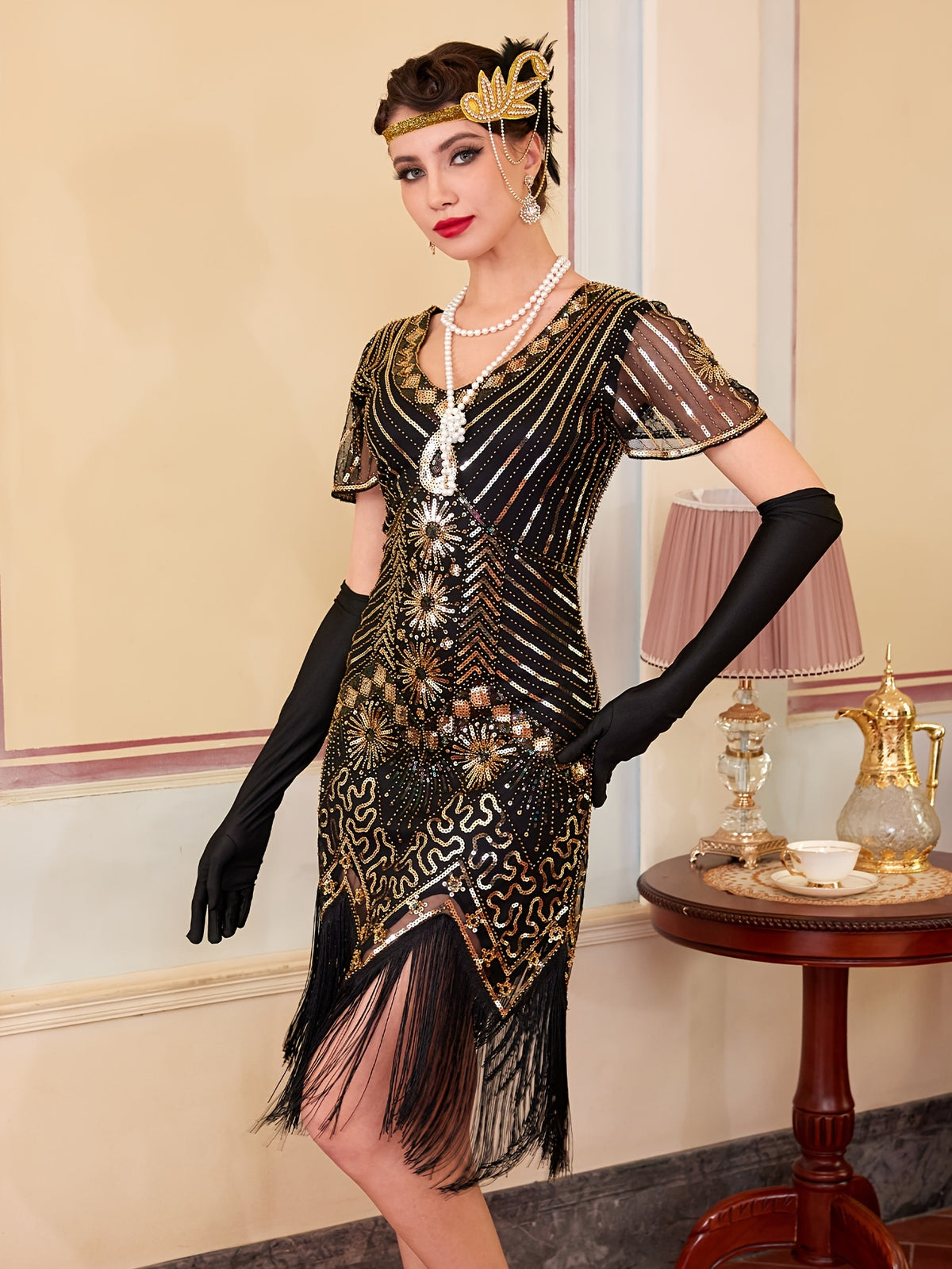 1920S Vintage Sequin Dress Gatsby Party Tassel Dress Evening Banquet Dance Dress Sequined Dress (Single Dress, Gloves And Additions Not Included) - Black Golden