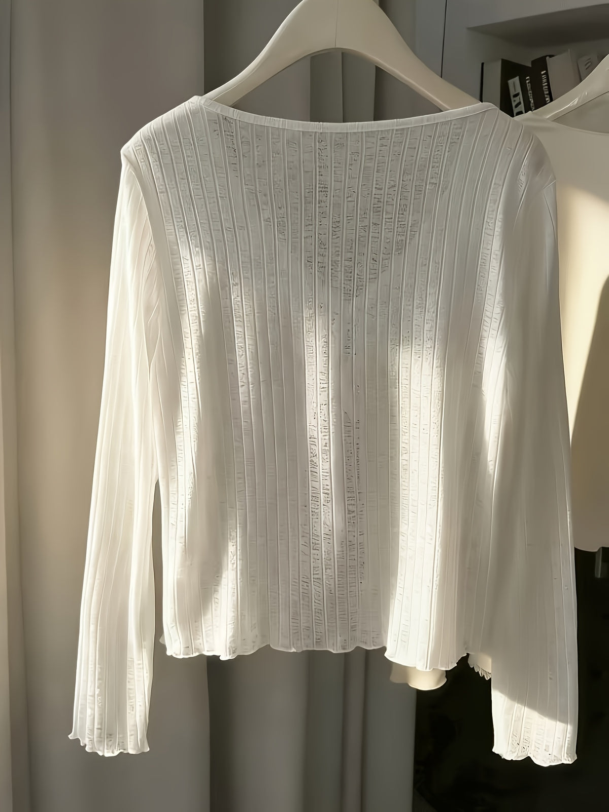 Women'S Thin Cape, Semi-Sheer Long Sleeve Jacket, Neck Tie Convenient Wear, Cuffs And Hem Scalloped Design, Machine Washable, 100%, Office And Casual Wear, Vacation Versatile Style, Elegant - White