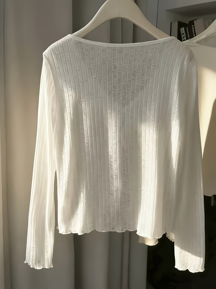 Women'S Thin Cape, Semi-Sheer Long Sleeve Jacket, Neck Tie Convenient Wear, Cuffs And Hem Scalloped Design, Machine Washable, 100%, Office And Casual Wear, Vacation Versatile Style, Elegant - White
