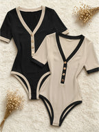 2pcs Spring/Autumn Women's Fashionable and Elegant Contrast Trim V-Neck Short Sleeve Bodysuit, Comfortable, Soft, Waist-Cinching,, High-End Feel, Elegant Commuting Versatile Base Layer Bodysuit, Slightly Sheer - Black+Apricot
