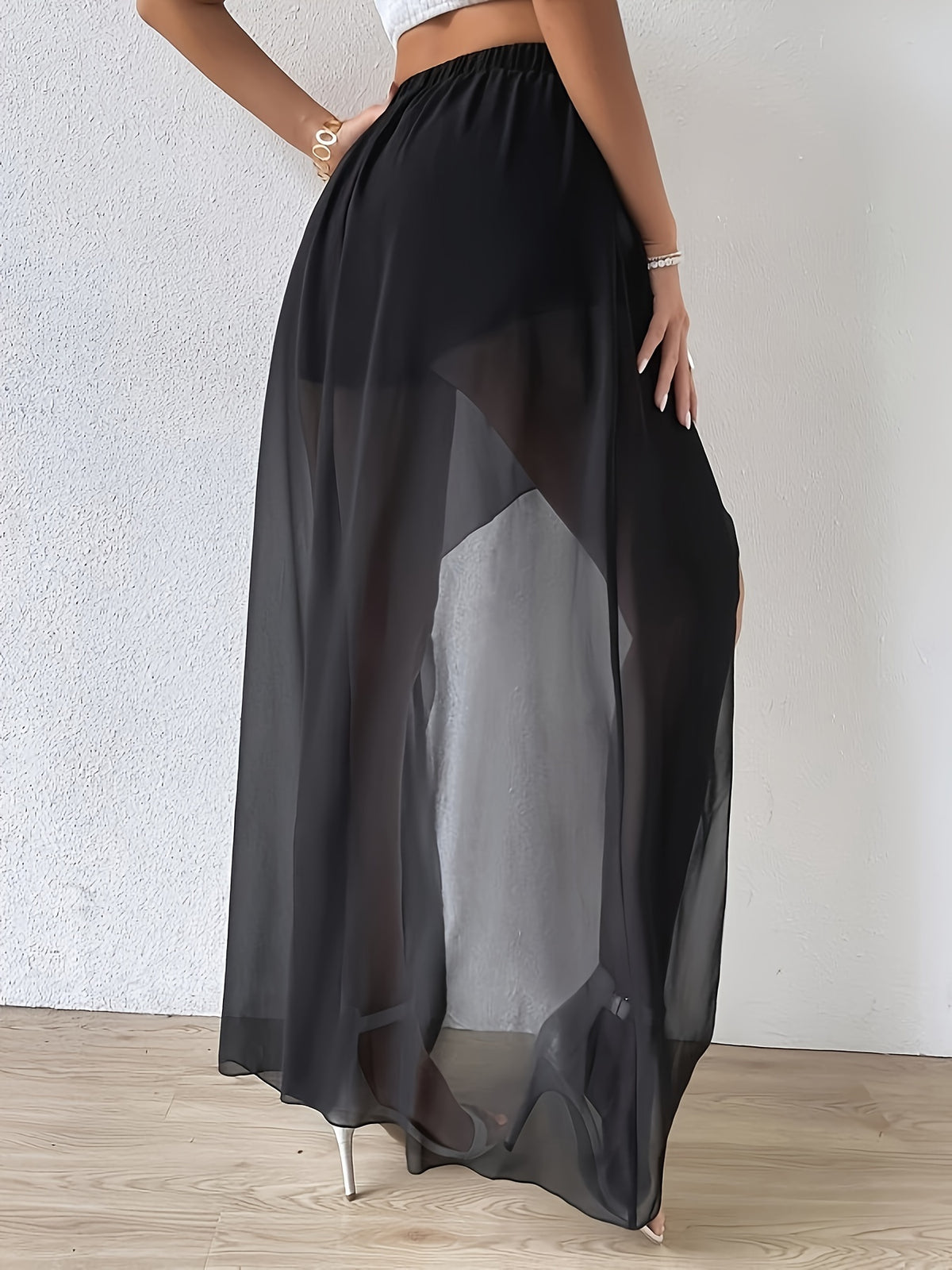 Summer Chiffon Sexy Sheer Oversized Flared Skirt, Irregular Front Short Back Long, Flowy and Refreshing Chiffon Maxi Skirt Hip-Hugging Skirt/with Lining - Black