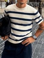 New Summer Fashion Trend: Stylish, Versatile, and Comfortable Men's Knitted Pullover. Casual Business Style Striped Contrast Color Crew Neck Men's Knitted Short Sleeve. Suitable for Work, School, Vacation, and Commuting Outfits - White