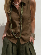 Casual Linen Sleeveless Shirt for Women, Commuting Beach and Holiday Style Blouse - Coffee Brown