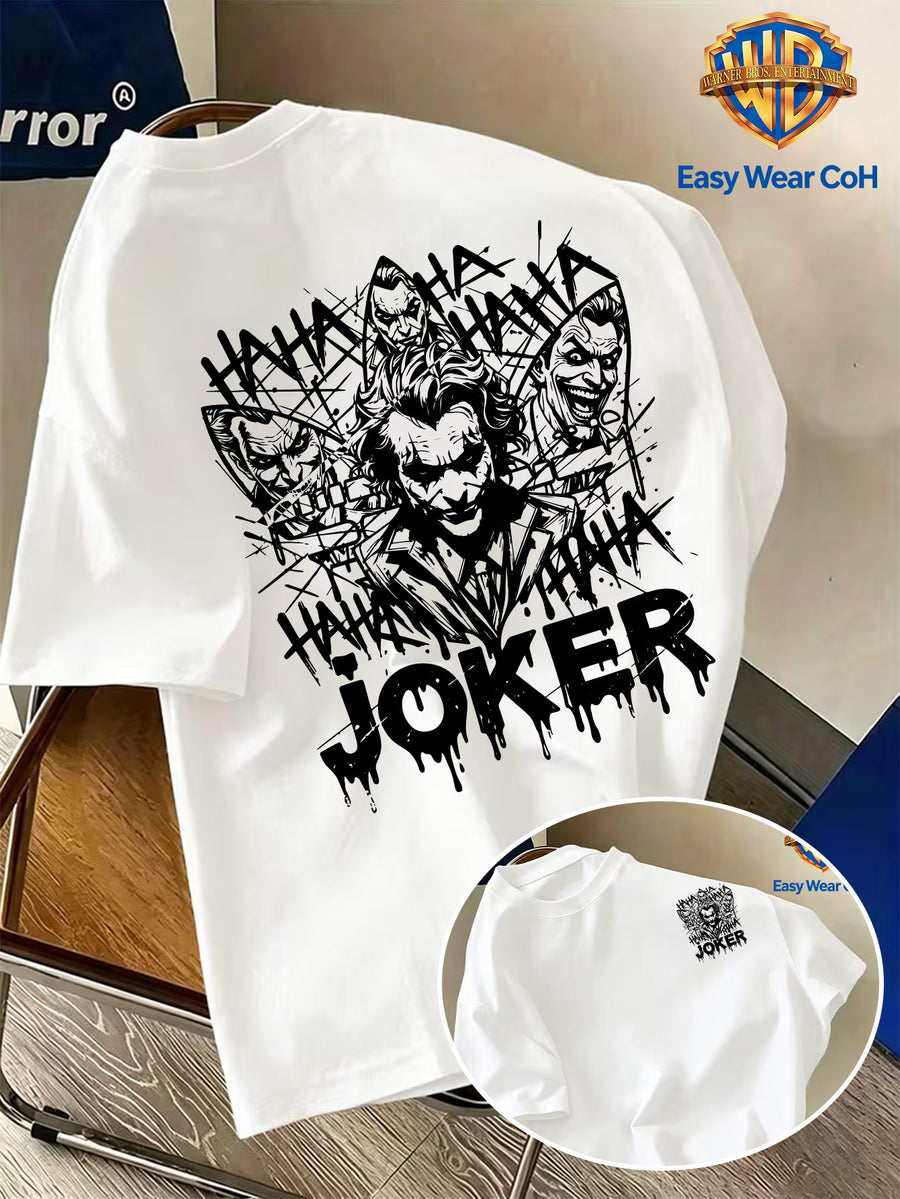 Warner Bros. Official New Academic Style Men's Short-Sleeve T-Shirt, Unique Print to Avoid Duplication - Black and White Graffiti JOKER Clown Sketch Hand-Drawn Line Art Creative Pattern Print, Dark Personality, Comfortable - White