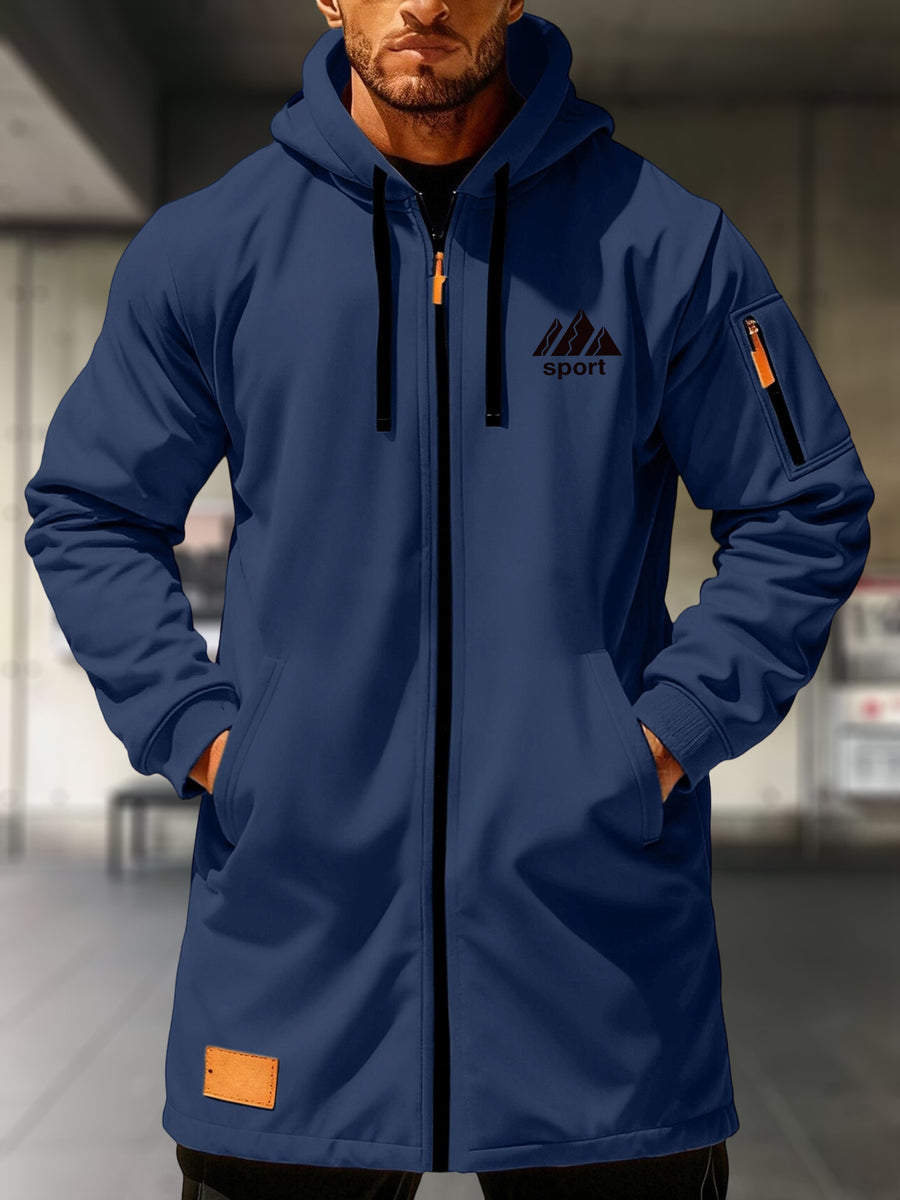 Men's Full-Zip Hooded Jacket with Mountain Print & Arm Zipper Pocket - Oversized Loose Fit Winter Coat, Hooded Streetwear Outerwear Suitable for, Urban Style, Machine Washable Warm Jacket - Navy Color