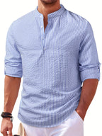 Men's Textured Random Print Blue and White Striped Open Front Single-Breasted Small Lapel Long Sleeve Casual Henry Shirt - Sky Blue