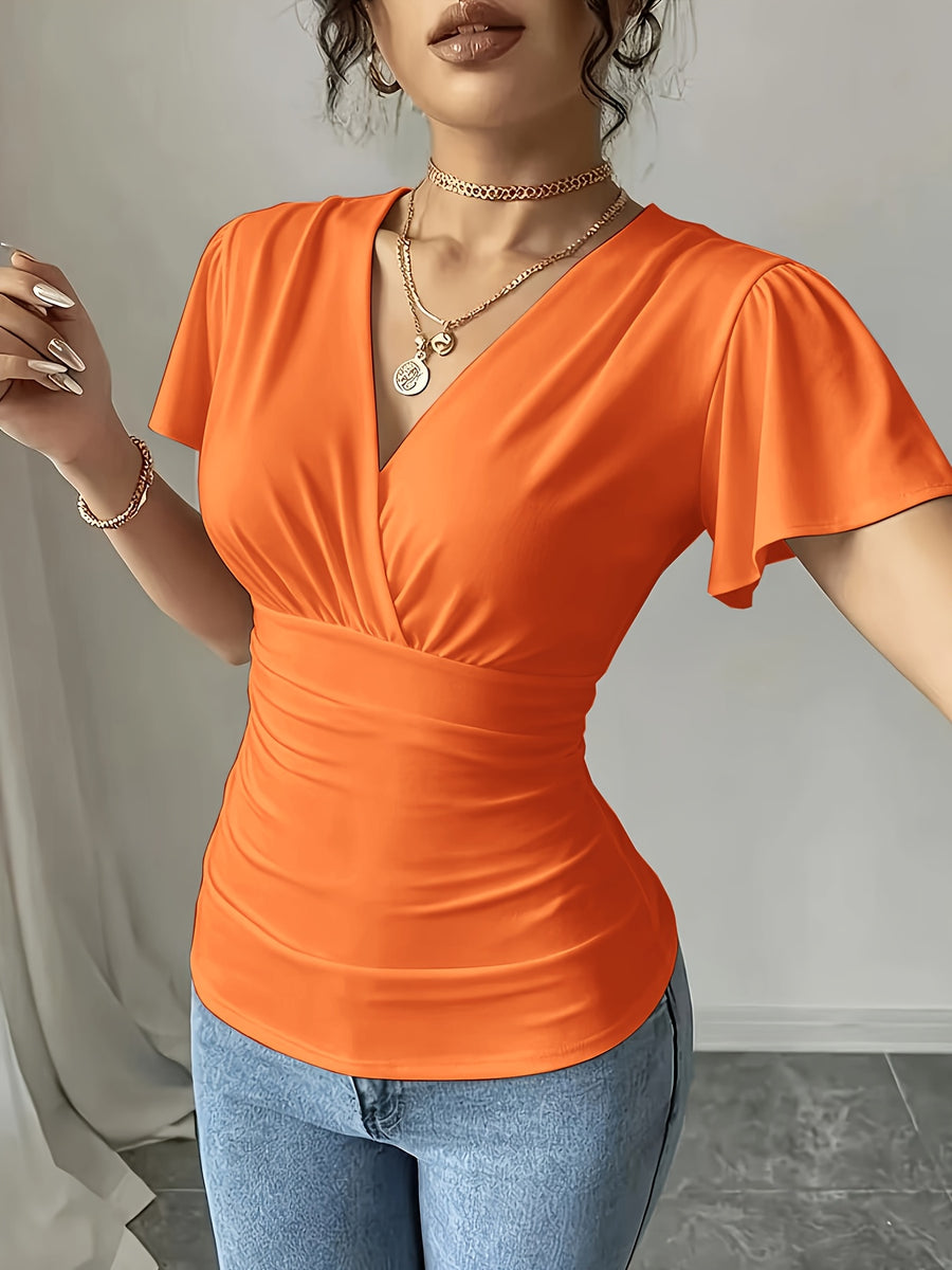 Women'S Spring Summer Casual V-Neck Solid Color Commuter T-Shirt - Orange-Red