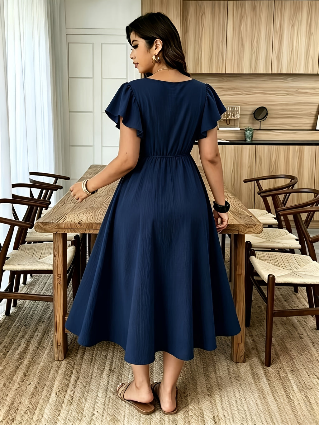 Spring/Summer Women'S Solid V-Neck Ruffled Sleeve Waist-Cinching Flowy Dress, Casual Vacation Style - Blue Navy