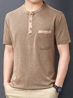 New Summer Men's Short-Sleeve Henley Shirt with Washed Distressed Finish, Waffle Knit Texture, Business Casual T-Shirt with Pocket - Camel