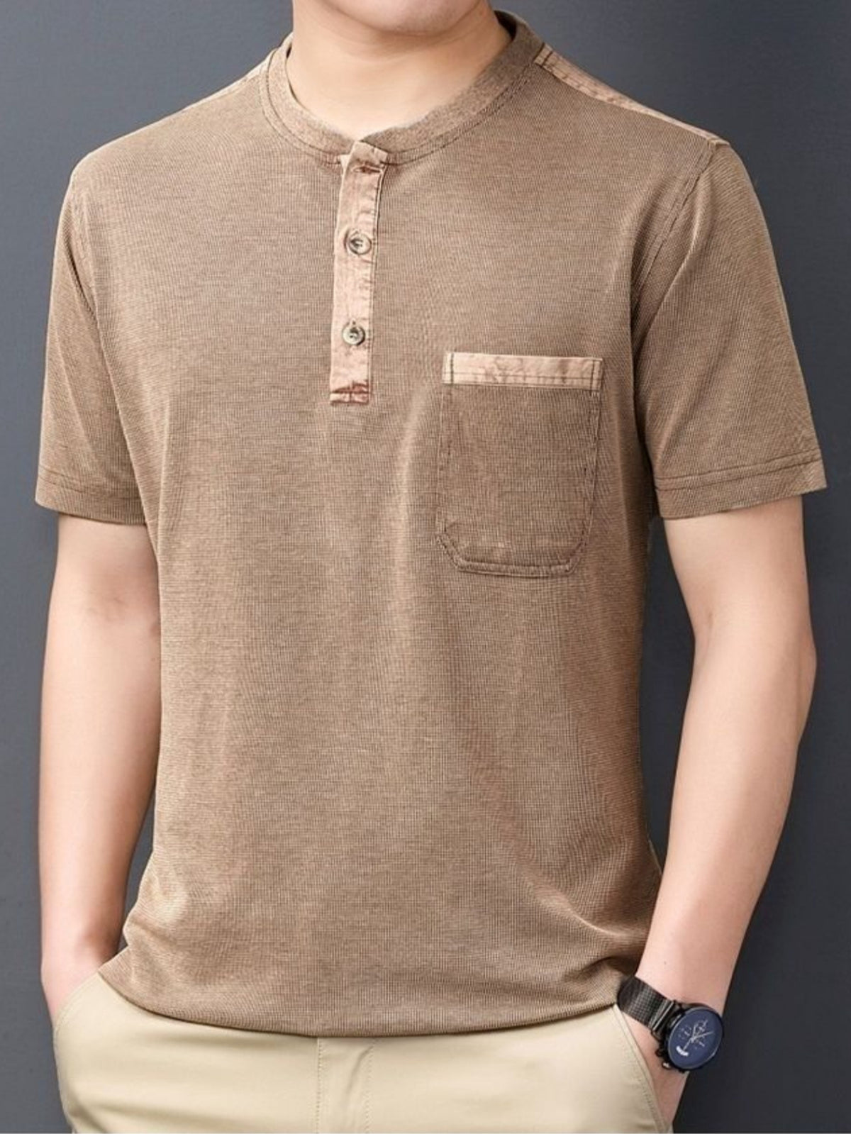 New Summer Men's Short-Sleeve Henley Shirt with Washed Distressed Finish, Waffle Knit Texture, Business Casual T-Shirt with Pocket - Camel