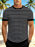 [Printed Design – Not Textured] Men's Printed T-Shirt - Vintage Casual Style Men's Striped Textured Crew Neck, Slim Fit, Moderate Elasticity for Freedom of Movement, Skin-Friendly and Breathable, Suitable for Daily Outings / Casual Gatherings / Light - Black