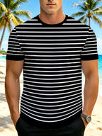 [Printed Design – Not Textured] Men's Printed T-Shirt - Vintage Casual Style Men's Striped Textured Crew Neck, Slim Fit, Moderate Elasticity for Freedom of Movement, Skin-Friendly and Breathable, Suitable for Daily Outings / Casual Gatherings / Light - Black