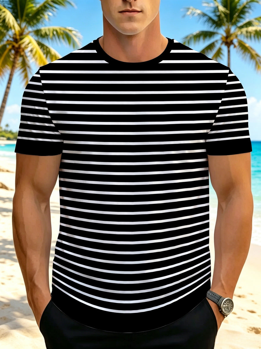 [Printed Design – Not Textured] Men's Printed T-Shirt - Vintage Casual Style Men's Striped Textured Crew Neck, Slim Fit, Moderate Elasticity for Freedom of Movement, Skin-Friendly and Breathable, Suitable for Daily Outings / Casual Gatherings / Light - Black