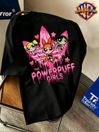 Warner Bros. Authentic Men's 100% Cotton Short-Sleeve T-Shirt, American Streetwear Brand Cartoon Print Top. Features a Complete and Full Cartoon Girl Group Design with a Sweet-cool Color-blocking Visual Effect. Eye-catching Visual Appeal - Black
