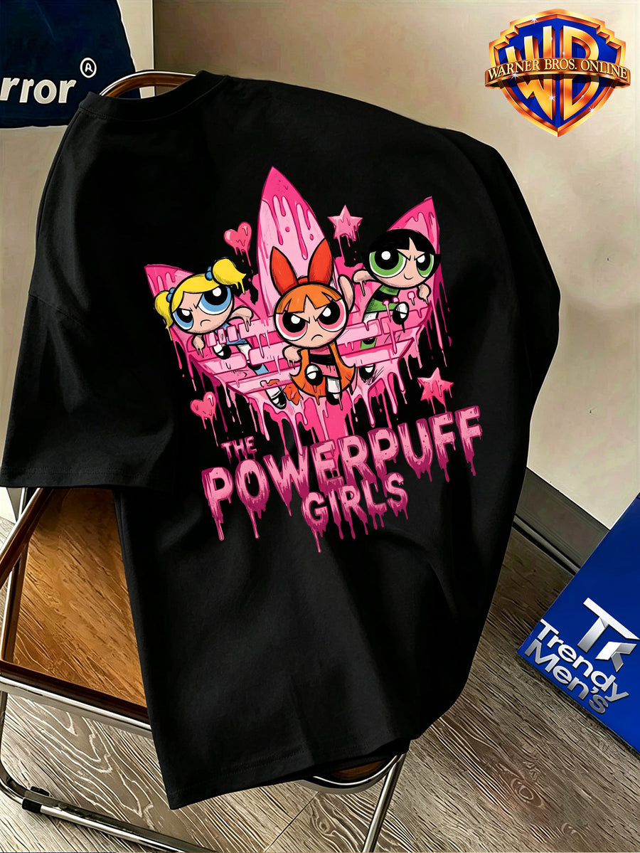 Warner Bros. Authentic Men's 100% Cotton Short-Sleeve T-Shirt, American Streetwear Brand Cartoon Print Top. Features a Complete and Full Cartoon Girl Group Design with a Sweet-cool Color-blocking Visual Effect. Eye-catching Visual Appeal - Black