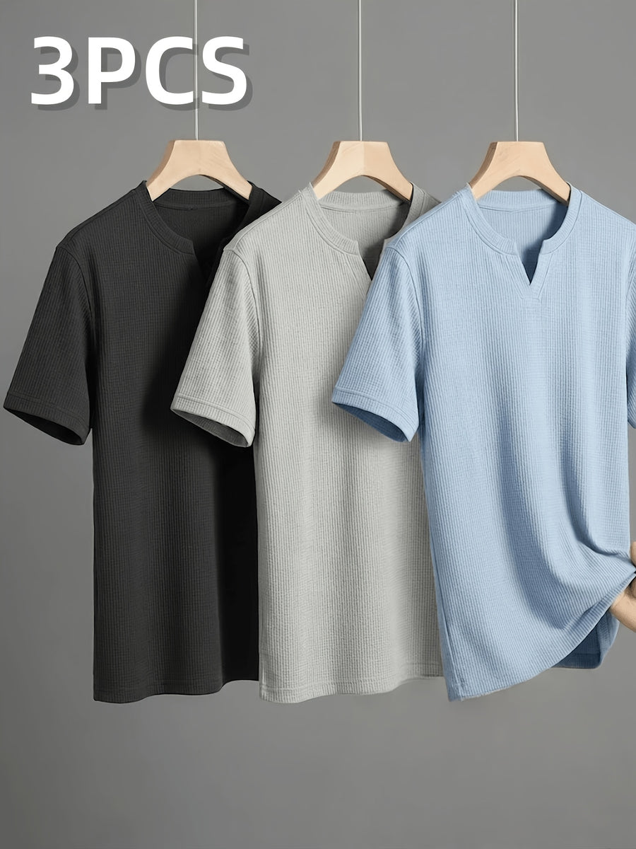 3pcs Men's Waffle Knit V-Neck Solid Color Stretch Short Sleeve T-Shirt, Summer Slim Fit Muscle-Defining Breathable Versatile Casual Henley Top - Black Gray Blue