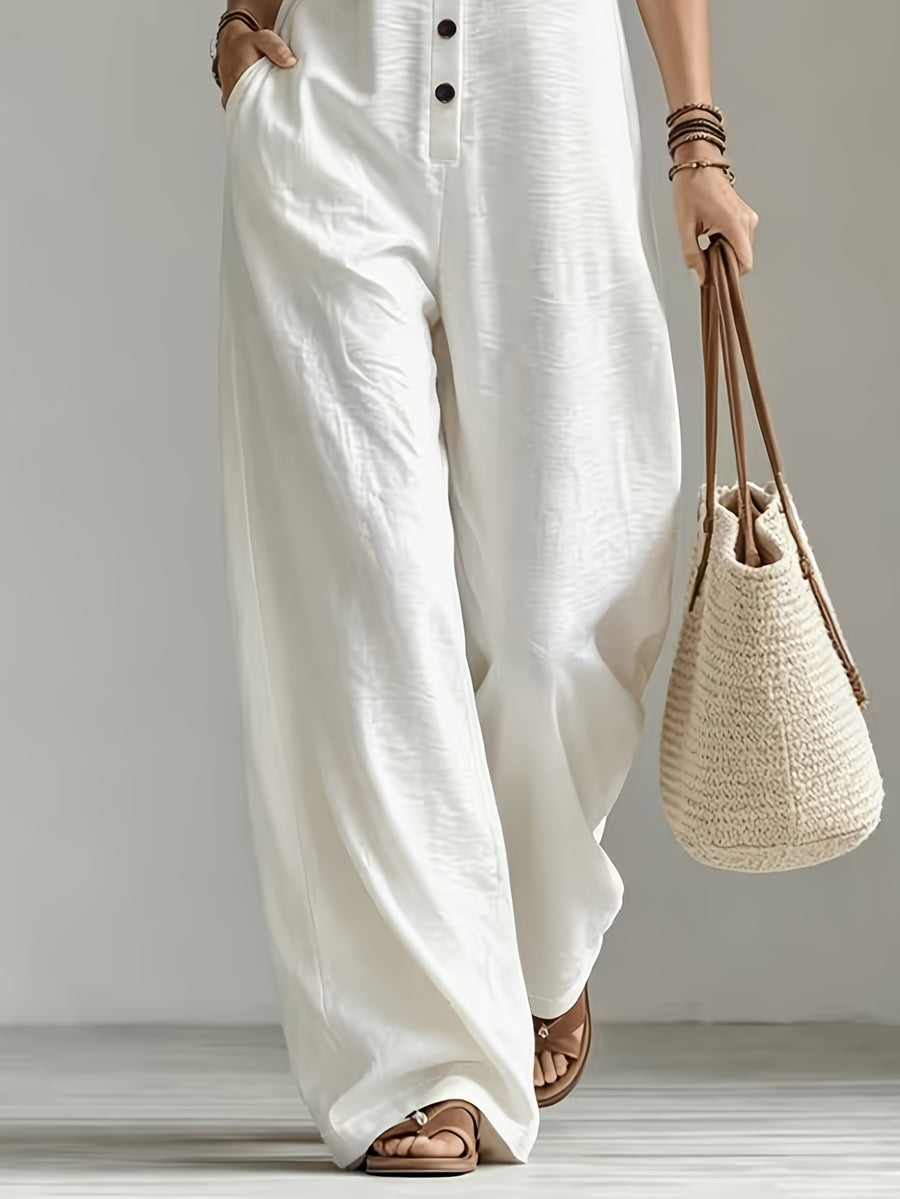 French Vacation Style Jumpsuit, Lapel Half-Open Plaid Cuffed Sleeve with Multi-Button Side-Pocket Loose Straight Wide-Leg Overalls - White