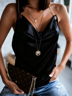 Women's Satin Black Camisole, Made of Imitation Fabric, Featuring a Sexy V-neck and Thin Straps. A Sleeveless Top Suitable for Layering or Wearing Alone, This Elegant Camisole Is a Versatile Summer Piece Perfect for Dates, Shopping, and Various - Black
