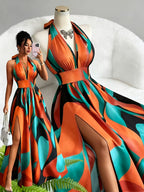 New French-Style Casual Elegant Sexy High-End Design V-Neck Backless Spaghetti Strap Waist-Revealing A-Line Slit Sleeveless Long Dress, Red and Green Floral Print, High-Quality Exquisite Women's Clothing - Multicolor
