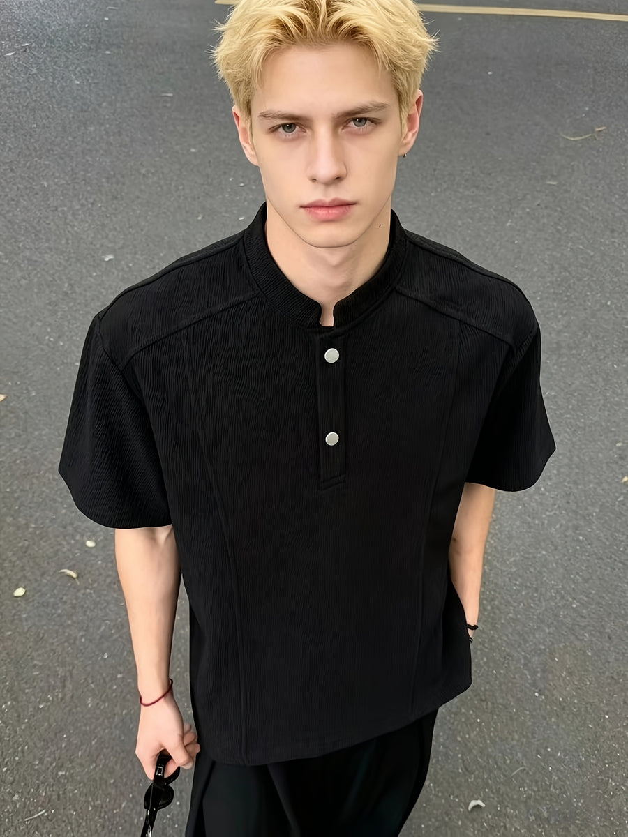 2026 Men'S Summer Casual Old Money Style Bark Texture Henley Short Sleeve Polo Shirt Men'S Loose Regular Shoulder Half Sleeve - Black