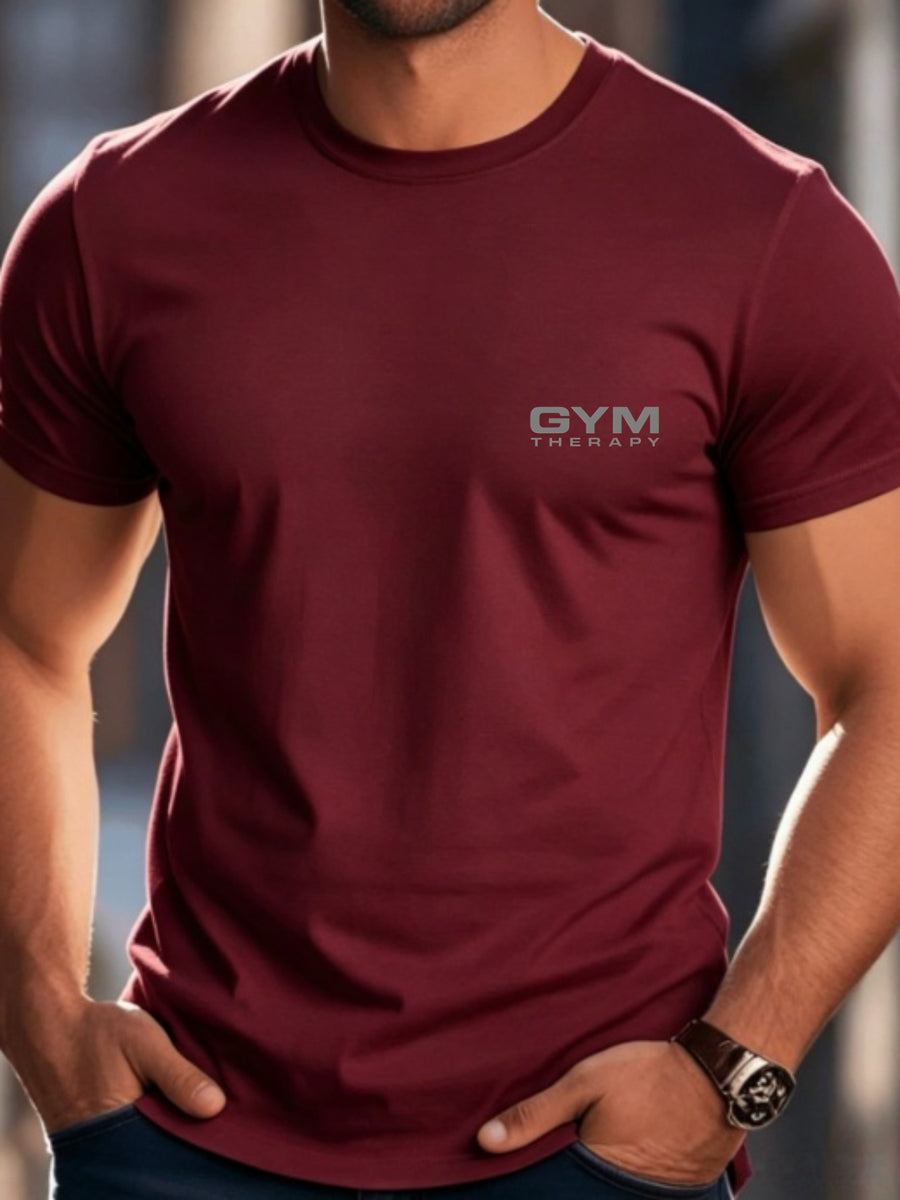 Easy Style GYM THERAPY Letter Pattern Print Men'S T-Shirt, Casual Top, Men'S Patterned T-Shirt, Summer, Comfortable And Breathable Short Sleeve T-Shirt, Fashionable Men'S Casual Top, Summer Fashion Outdoor Short Sleeve - Burgundy