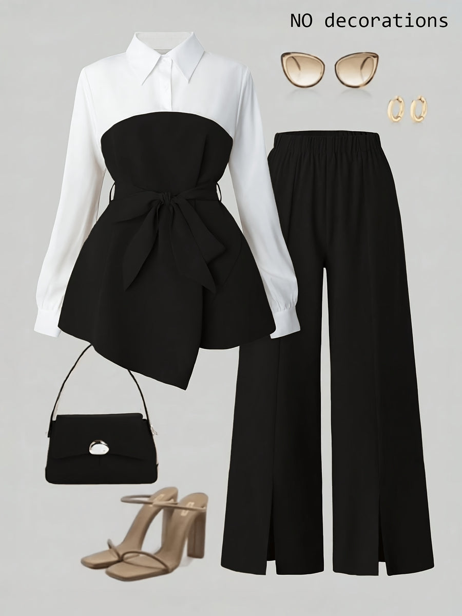 Women's Elegant 2pcs Office Set, Lapel Long-Sleeve Top with Slit Wide-Leg Pants, Business Commuter Style Outfit - Black