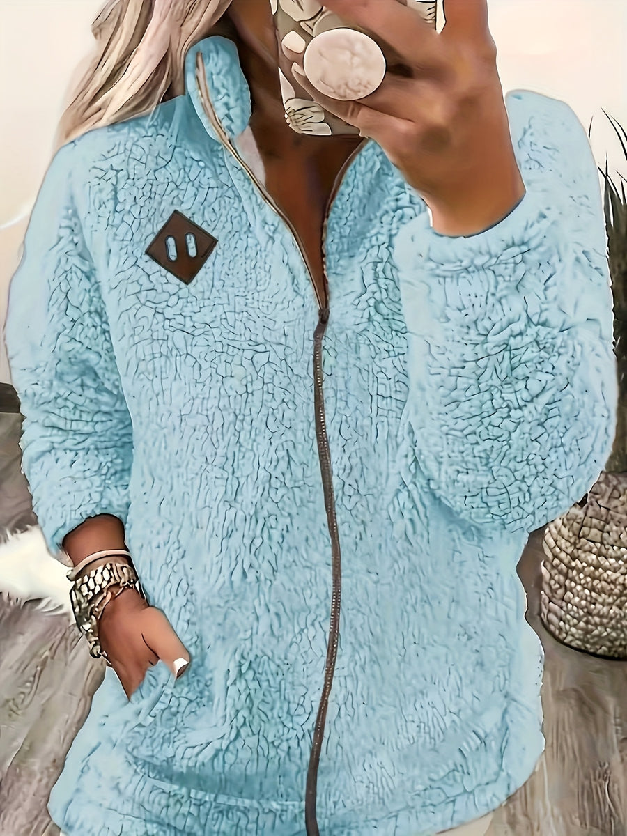 Women'S Faux Small Stand Collar Thick Jacket Coat - Sky Blue