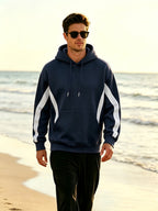 New Men'S Double Striped Hooded Sweatshirt with Loose Fit And Comfortable Pockets, Versatile And Trendy Hoodie for Daily Use - Navy Color