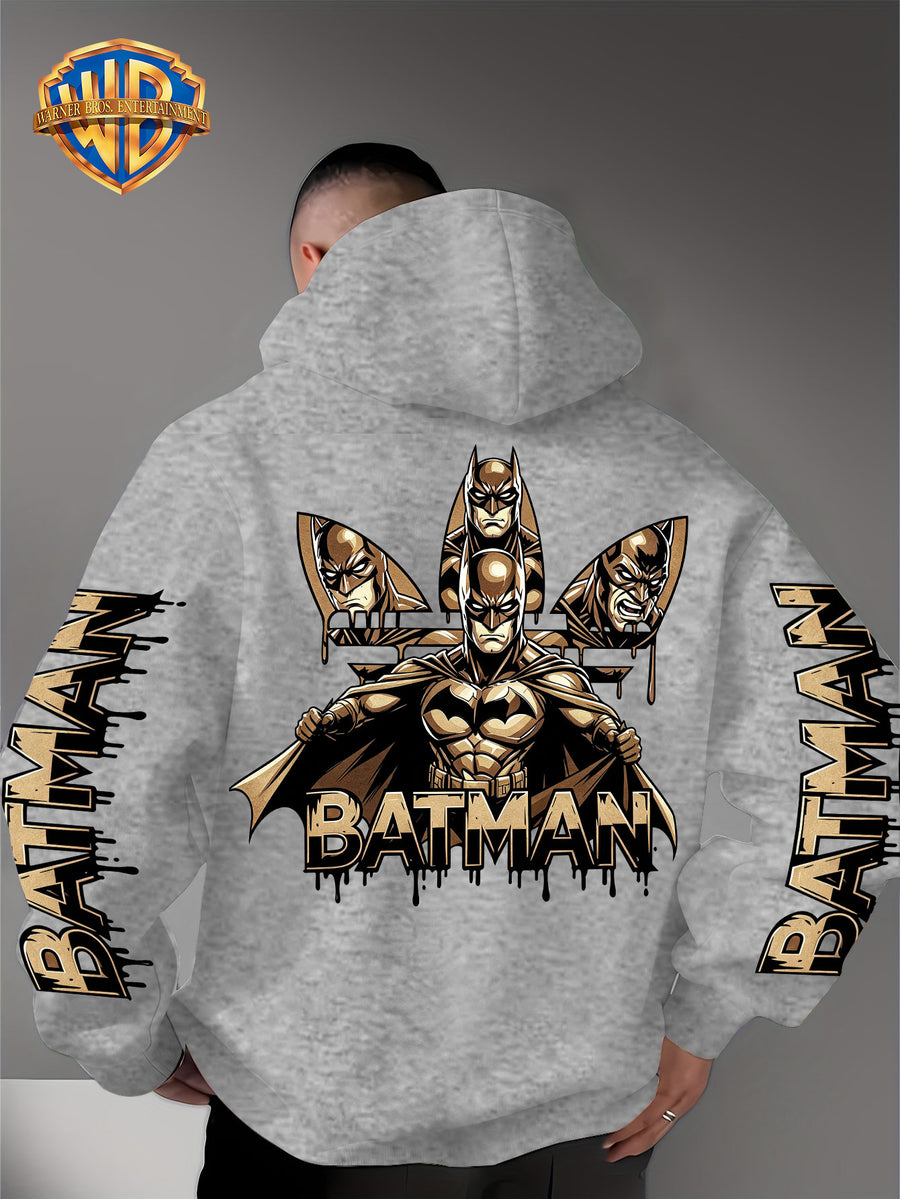 Warner Bros. Official Men's Hooded Sweatshirt - 1pc, Batman BATMAN Vintage Black and Golden Drip Lettering Creative Print, Trendy and Cool DC Superhero IP Graphic Hoodie, Skin-Friendly, Comfortable, and Warm Fabric, Kangaroo Pocket with Ribbed Cuffs - Light Grey