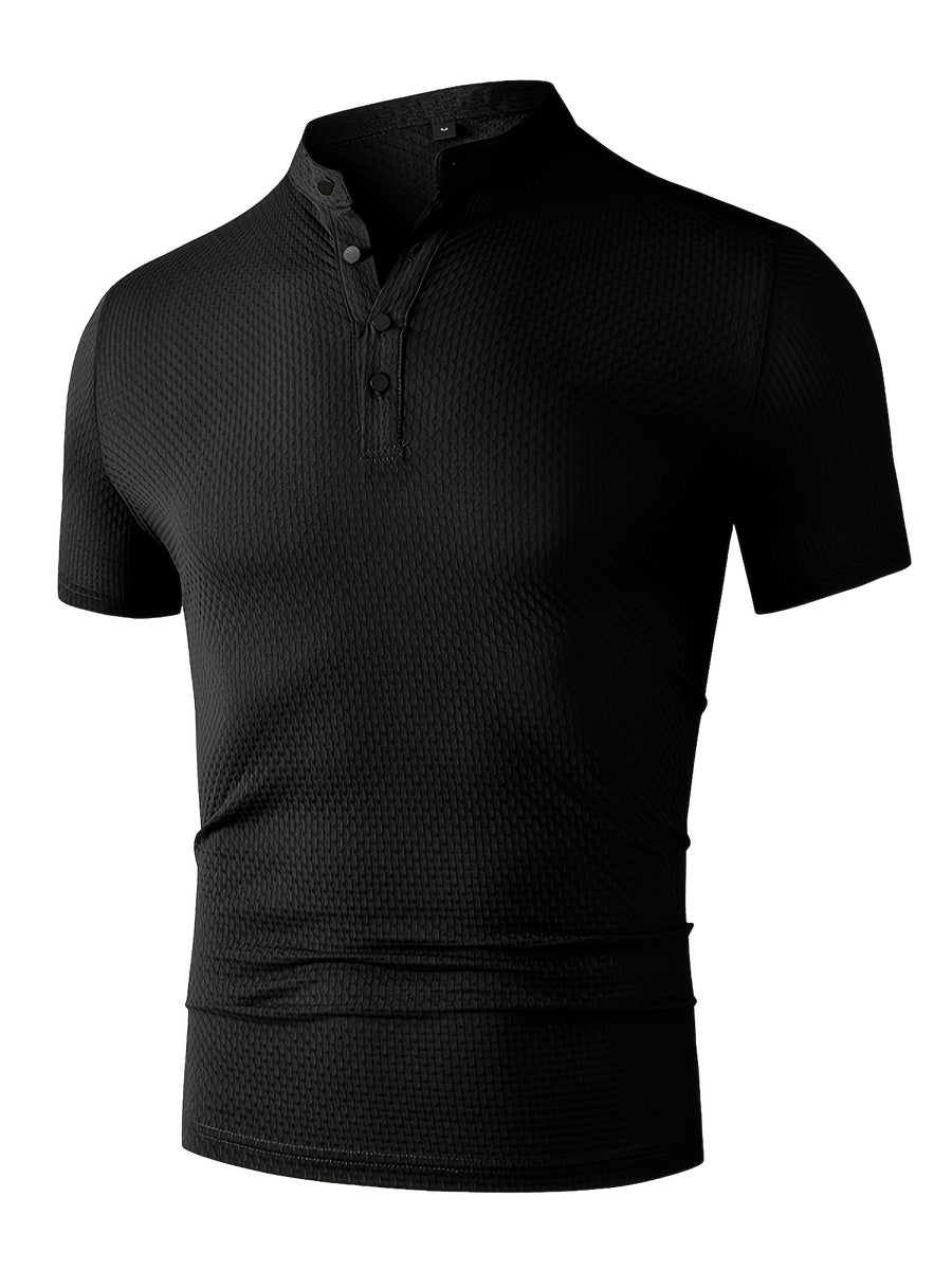Men'S Waffle Texture Mandarin Collar Polo Shirts, Lightweight Quick-Dry Stretch Short Sleeve Summer Business Casual Tees - Black
