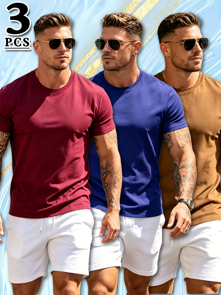 3pcs Set Spring Summer Fashion Athletic Short Sleeve Men'S Top Summer New Breathable Casual Comfortable Versatile Trendy Outerwear T-Shirt - Mixed Color 12