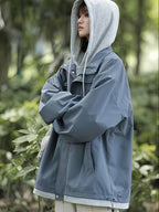 American Style Coat Women'S Trench Hooded Faux Two-Piece Windbreaker Design-Driven Color-Block Casual Loose Jacket - Denim Blue