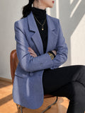Misty Blue Houndstooth Suit Autumn Winter Premium Loose Casual Thickened Mid-Length Small Size Top Jacket - Blue
