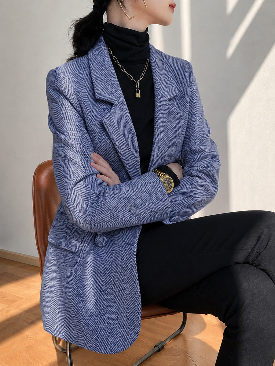 Misty Blue Houndstooth Suit Autumn Winter Premium Loose Casual Thickened Mid-Length Small Size Top Jacket - Blue