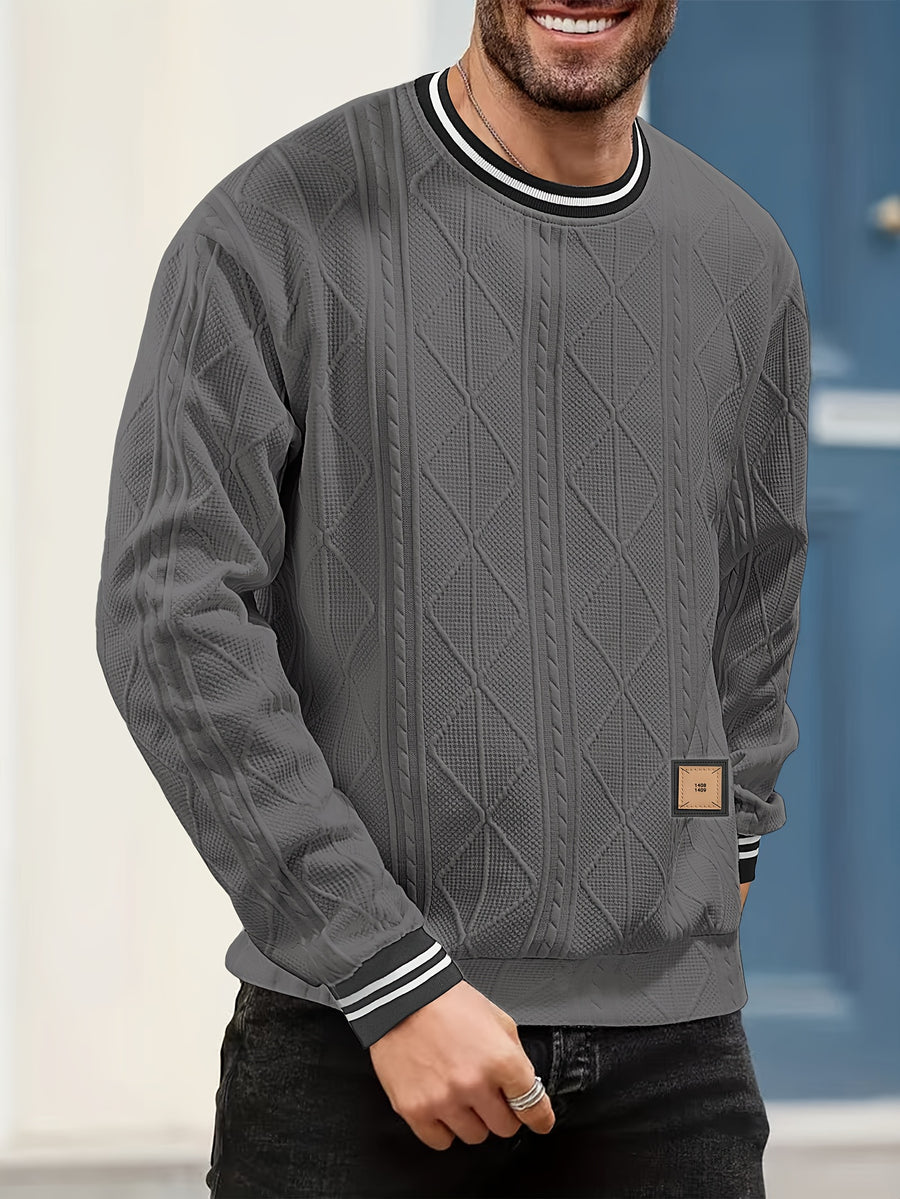 New Men's Casual Fashionable Sporty Cool Versatile Trendy Stylish 3D Jacquard Fabric High Street Popular Knitted Flatbed Collar Crew Neck Sweatshirt - Dark Gray