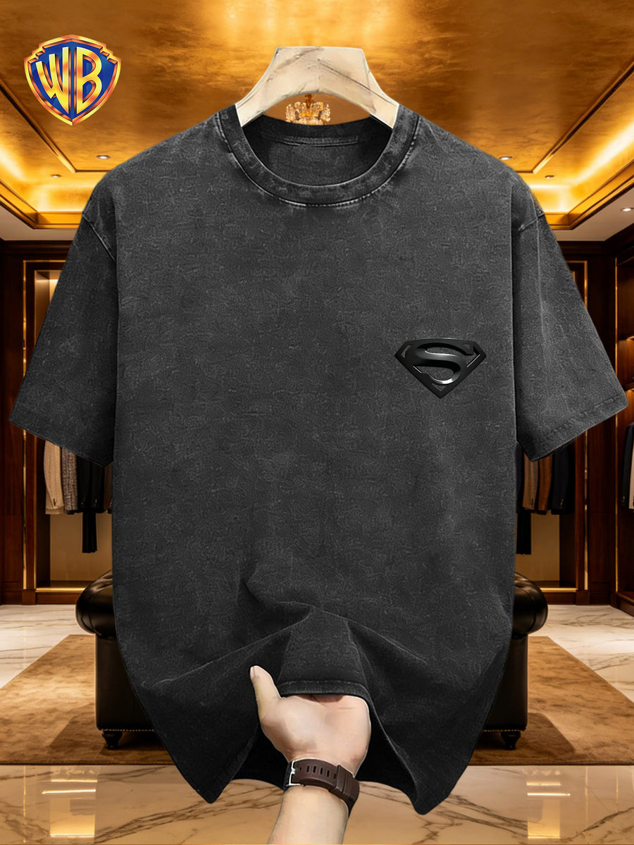 Warner Bros. Authentic Superman Logo T-Shirt, Distressed Black Washed End with 3D Logo, Easy And Atmospheric Style, Suitable for Daily Commute, Showcasing a Low-Key Trendy Attitude, Unisex - Black