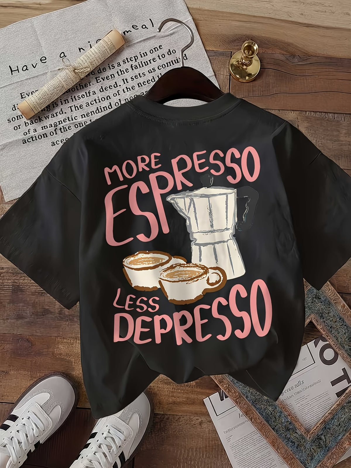 [Double-Sided Printed] Women'S Fashion Top, Ladies Summer Clothing, Retro Style, Coffee Cup, Mocha Pot More Espresso Less Depresso Printed Round Neck Short Sleeve - Black
