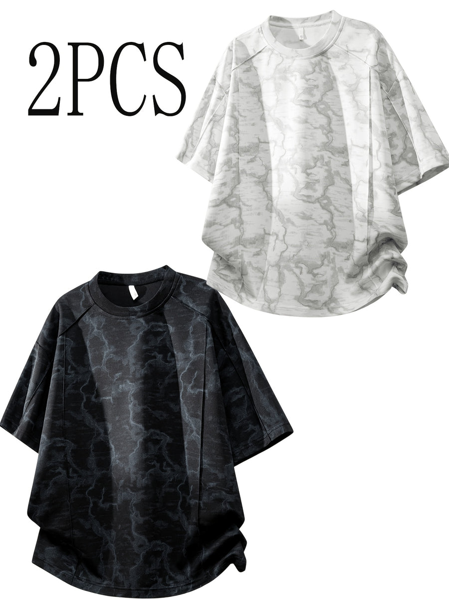2pcs New Summer Men's Trendy Loose-Fit Streetwear Brand Student Short-Sleeve T-Shirt Top, Round Neck Short Sleeves - Black and white gray