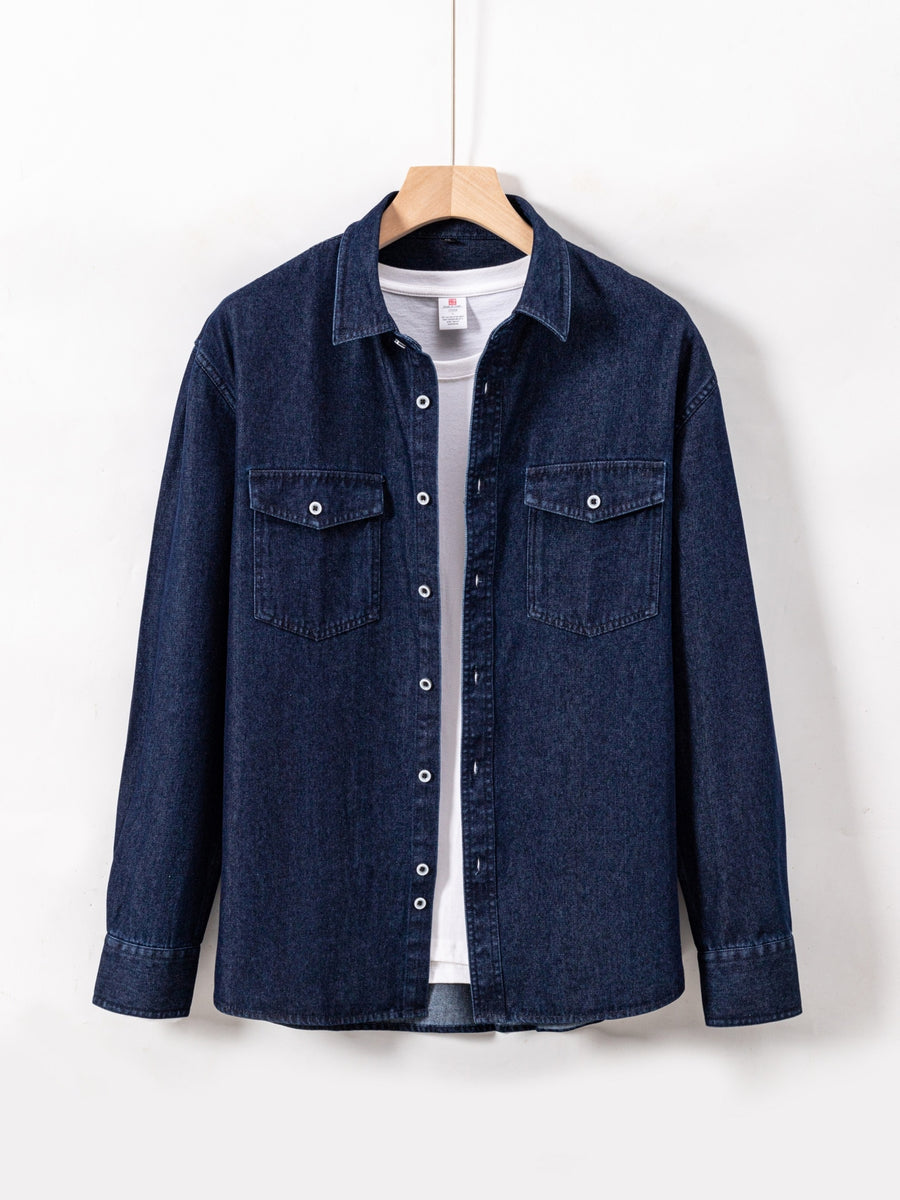 Men'S Casual Shirt American Retro Denim Shirt Fashion Trendy Double-Pocket Utility Shirt Button-Up Long Sleeve T-Shirt Spring Autumn Thin Outerwear - Navy Color