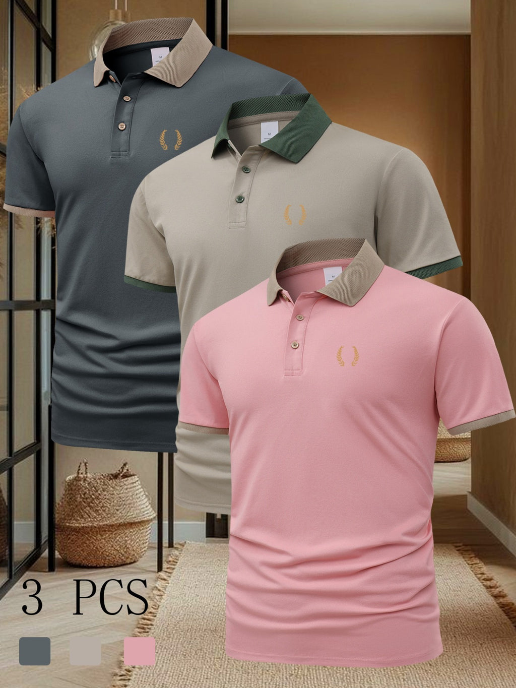 FC660 Wheat Print Pattern 3pcs Set Summer Men'S Casual Short-Sleeved POLO Shirt Lapel Top Fashion Casual Daily Business Top - Gray+khaki+pink