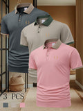 FC660 Wheat Print Pattern 3pcs Set Summer Men'S Casual Short-Sleeved POLO Shirt Lapel Top Fashion Casual Daily Business Top - Gray+khaki+pink