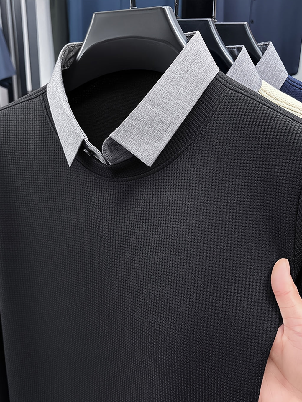 Men's Waffle 2-in-1 Look Long-Sleeve Sweatshirt, Loose Regular Fit, Commonly Worn by Middle-Aged Men, Suitable for Spring and Autumn, Can Be Worn Alone or as a Layering Piece - SINBOS - Black