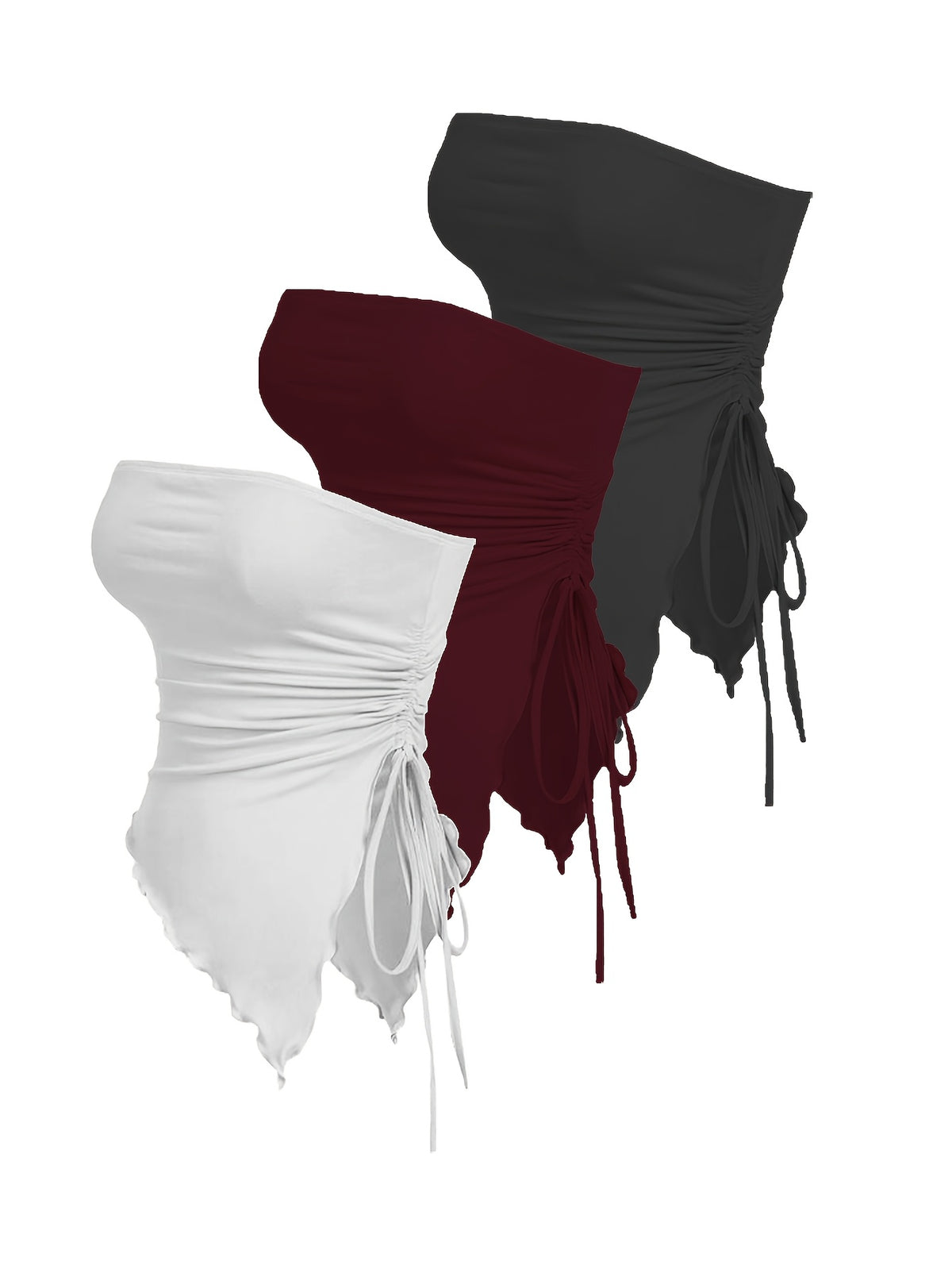 Women'S 3-Pack Strapless Top Drawstring Side Ruched Asymmetrical Tube Tops - Black/Burgundy/White