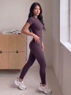 Round Neck Short Sleeve High-Waist Butt-Lifting Pants Set, Stretchy Nude-Feel Skin-Friendly 2pcs Set, Quick-Drying Breathable Wear, Tummy Control Peach Butt Training Outfit, Versatile Wearable Outer Casual Swear. 4-Way Stretch with Zero Restriction - Deep Purple