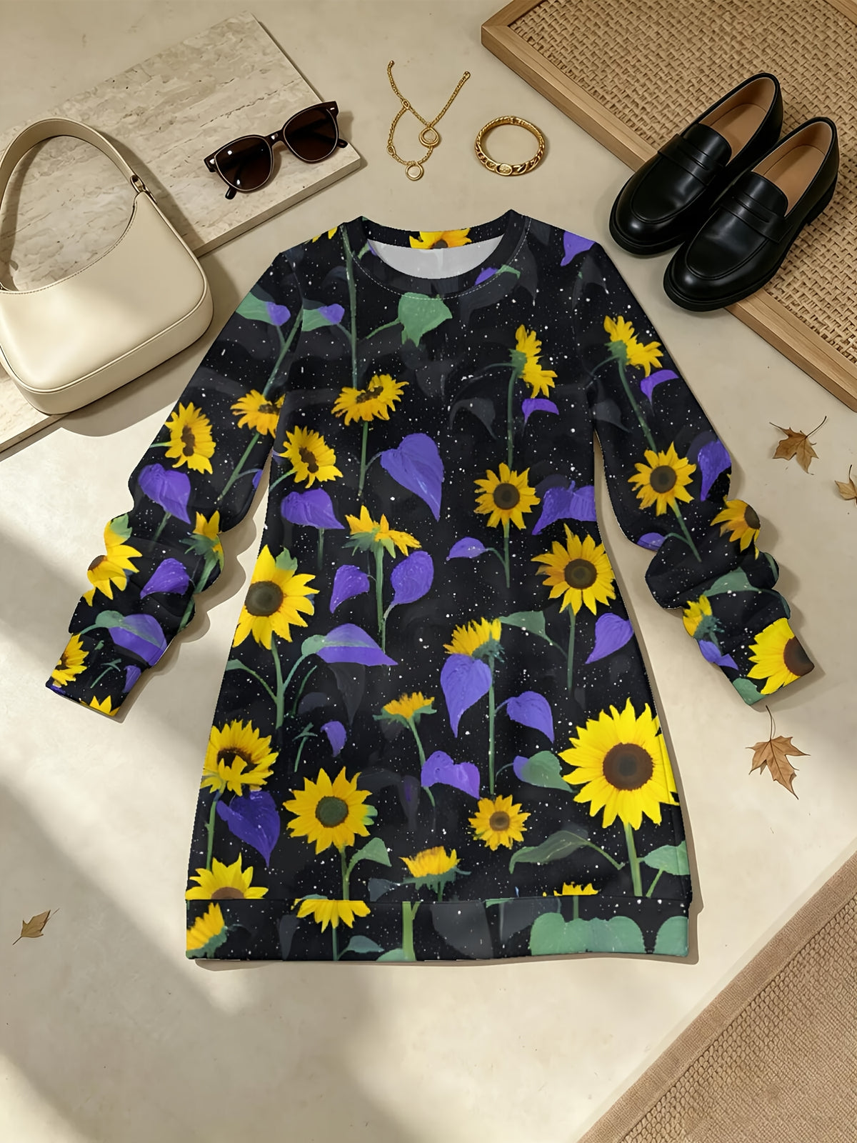 Women's Sunflower Print Maxi Dress Suitable for Commuting, Home & Dating - Full-Body Sunflower Print A-Line Dress with Crew Neck, Long Sleeve Style Dress for Fall/Winter, Casual to Semi-Formal Wear (Hand Washable) - Multicolor