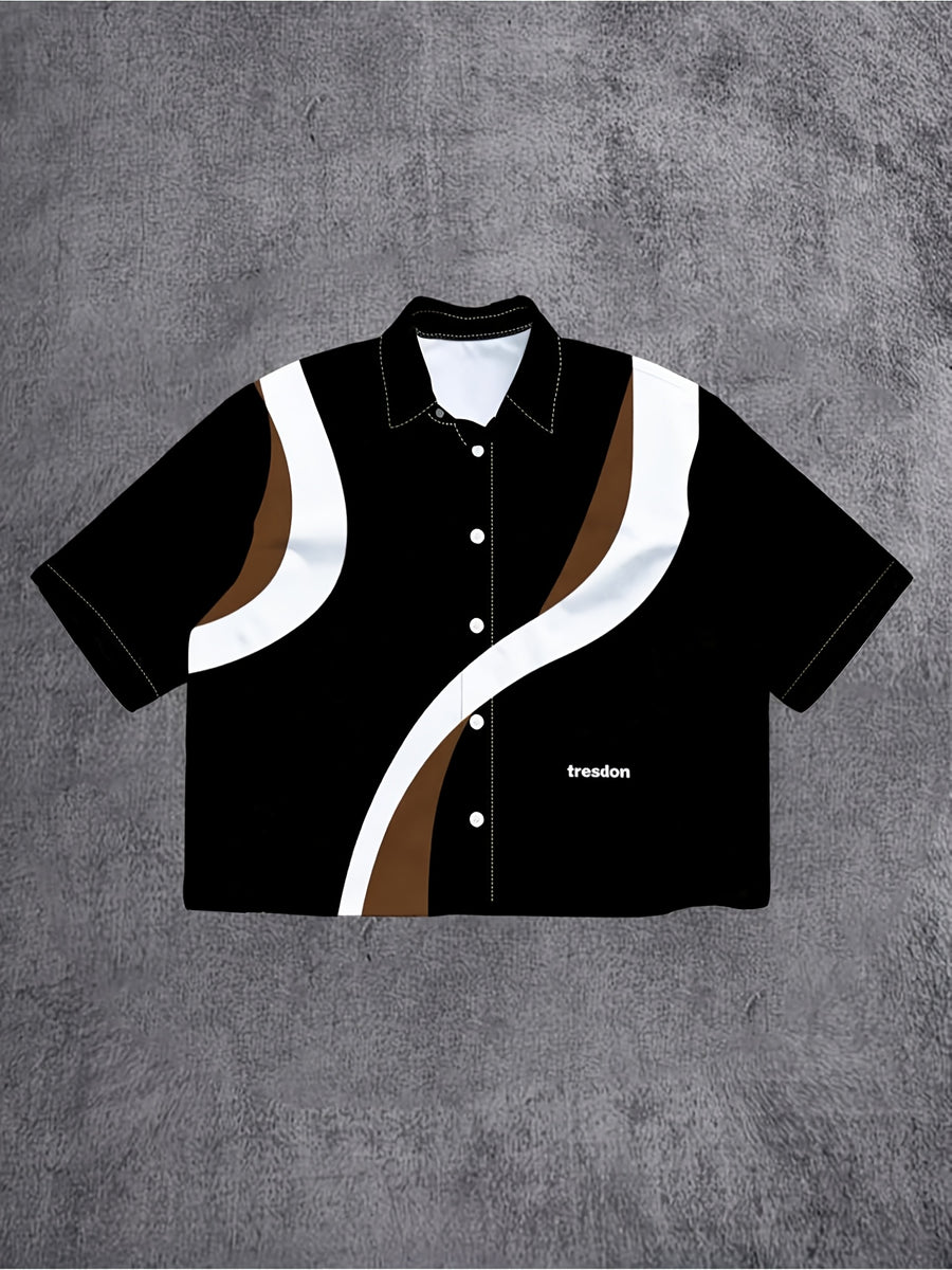 [Printed Design - Not Textured] Men'S Color-Block Streamlined Wavy Line Short Sleeve Shirt, Summer American Easy Street Short Shirt, Suitable for Men'S Daily Wear, Fashionable And Elegant; Modern Minimalist Style - Mixed colors